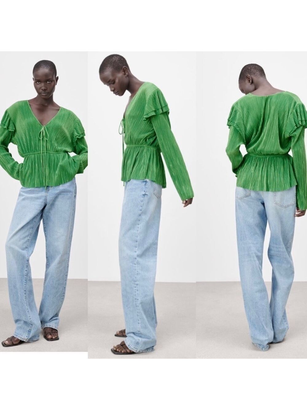 Zara green ruffle pleated V-Neck long sleeve blouse Sz S NWT